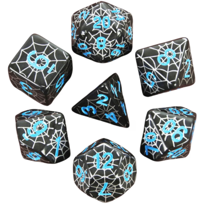 Black Dice with Blue Numbers on Silver Web Pattern Dice