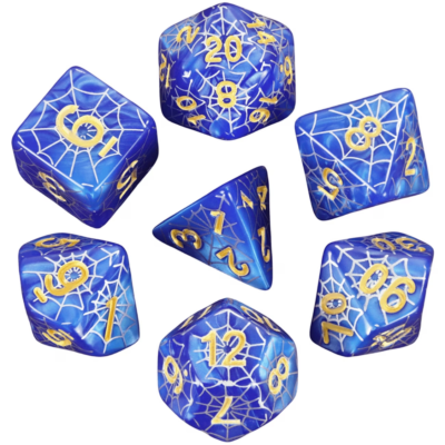 Blue Dice with Gold Numbers on Silver Web Pattern Dice
