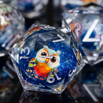 Translucent Blue Dice with Colourful Owl