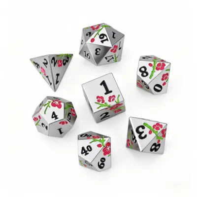 Silver Dice with Red Flower Pattern