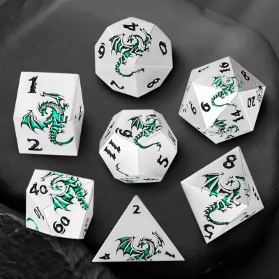Flying Green Dragon on White Dice